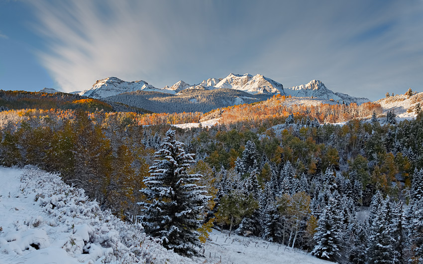Dallas Divide, San Juan National Forest, sunrise, snow, fall