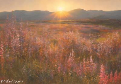 An AI oil-painted print of an original photo from sunrise in the Alabama Hills during a prolific wildflower bloom.