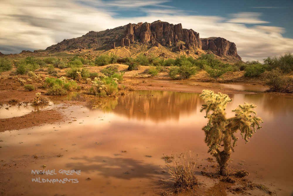 A flooded view of the north-western escarpment of the Superstition Mountains during a 60-second time-lapsed exposure on a day...