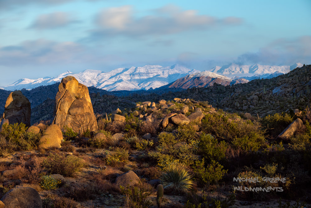 Early morning light captured from the iconic boulders of the Four Peaks Wilderness looking northwest toward the snow-capped Mazatzal...