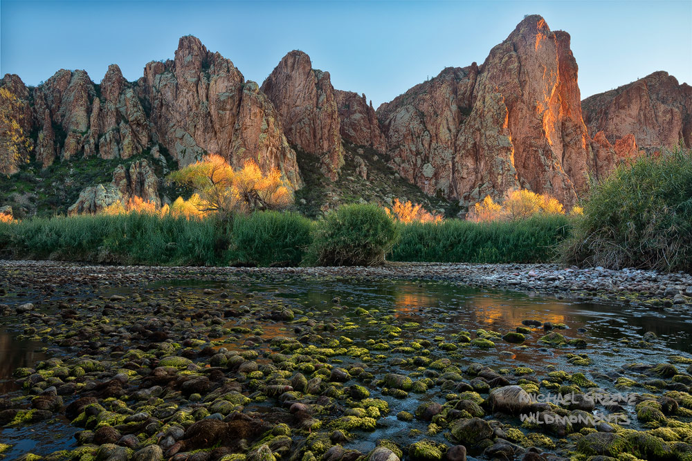 Mossy rocks provide a colorful element while photographing a sublime autumn afternoon along the Salt River near Mesa, AZ.