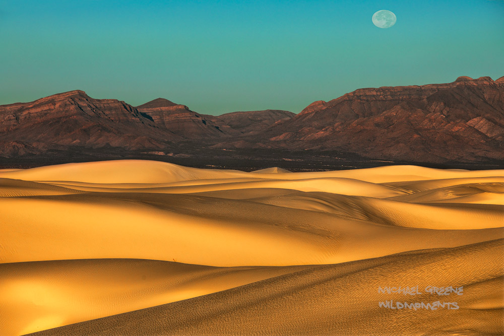 A full moon sets over the Tularosa Basin as the golden morning sun lights up the dunes and peaks surrounding White Sands National...