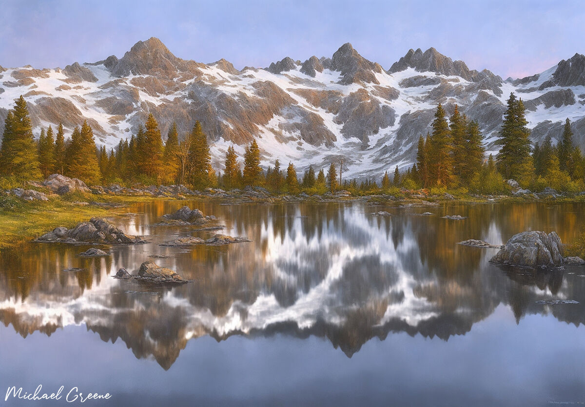 An AI oil-painted print of an original photo from Davis Lake in the Ansel Adams Wilderness.