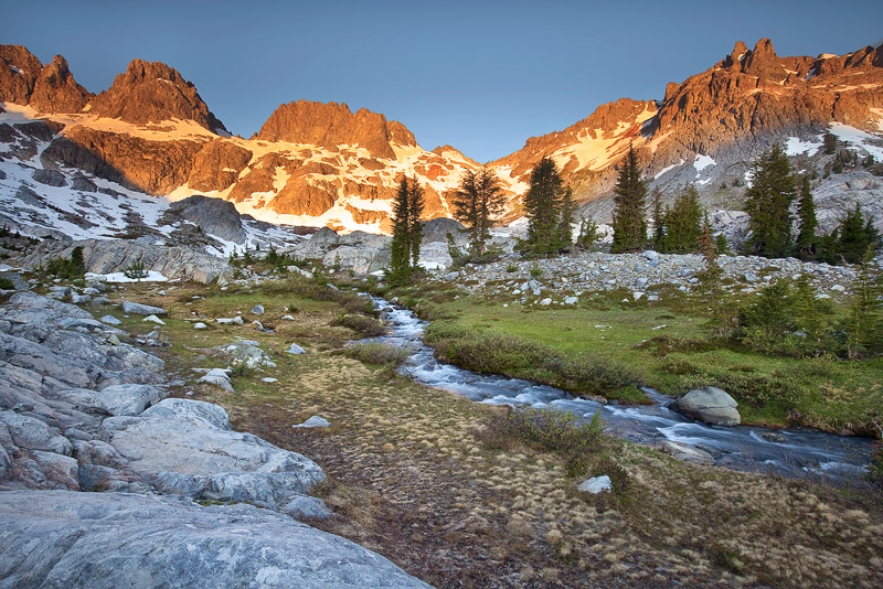 A high altitude stream in the Ansel Adams Wilderness is a direct result of snow melt from the Minarets. Pictured here in the...