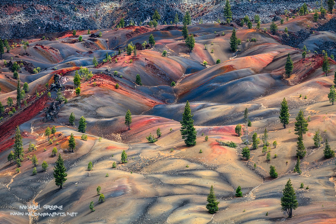 A bird's eye view of the incredible painted desert in the northern reaches of Lassen Volcanic National Park in Northern California...