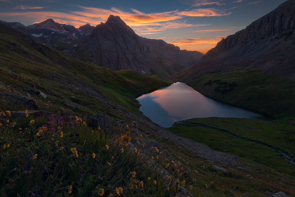 Sunset above Middle Blue Lake in the Mount Sneffels Wilderness near Ridgway. Learn more in my ebook, Capturing Colorado Hiking...