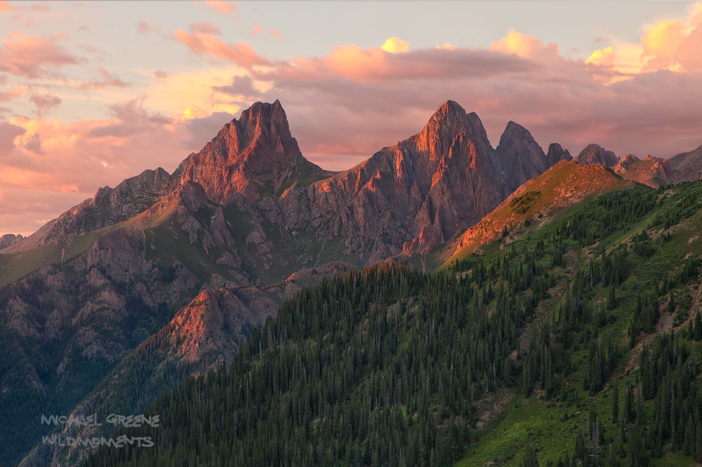 Sunset on Pigeon and Turret Peaks in the Weminuche Wilderness backcountry near Durango, Colorado.