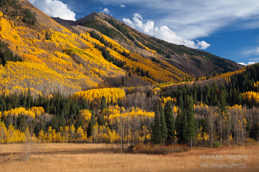 Diffused afternoon light on a beautiful day accentuates the colors of green, blue and gold in the Maroon Bells-Snowmass Wilderness...