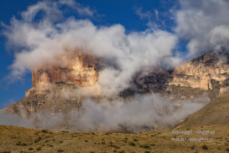 A rare inversion covered most of the profile of the Guadalupe Mountains (West Texas) western escarpment in fog during a bright...