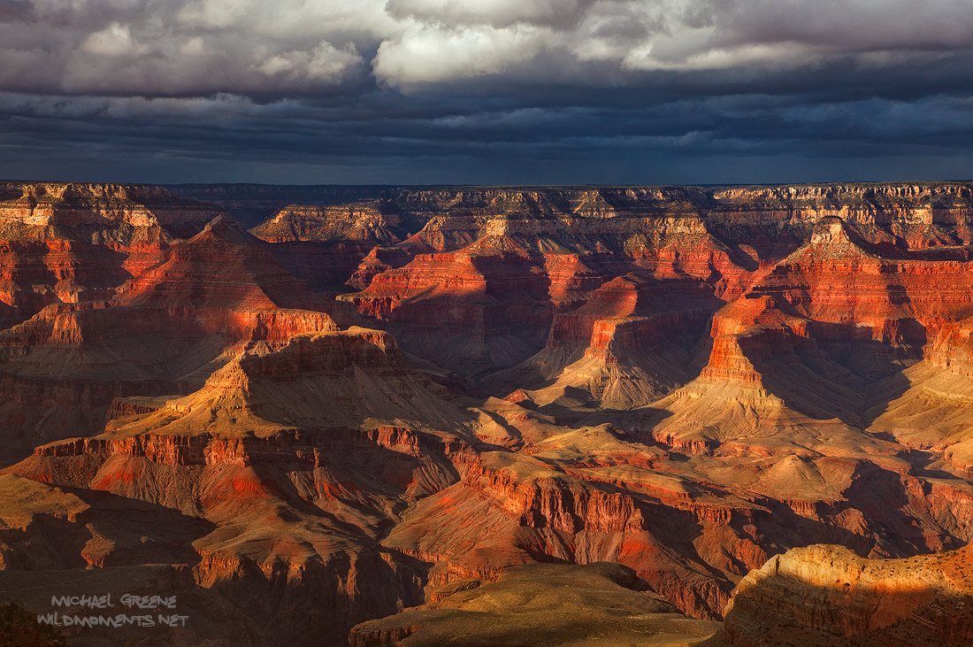 Afternoon storm light casts wicked contrast in a section of the South Rim near Yaki and Mather Points in the Grand National Park...