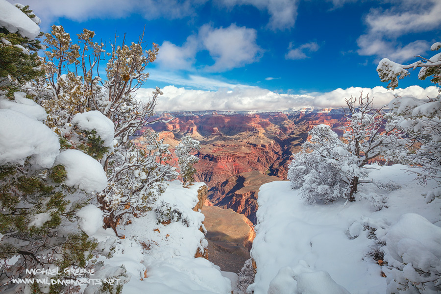 Mid afternoon scenery is decorated in snow after a storm at the Grand Canyon in Northern Arizona.
