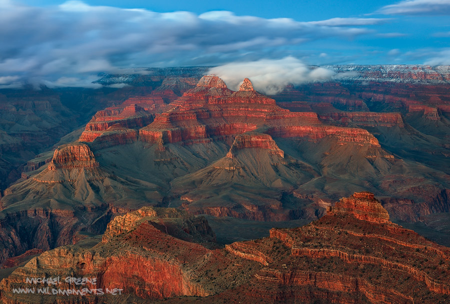 Blue hour at the South Rim of the Grand Canyon, AZ after a clearing winter snow storm. Captured near Mather Point.