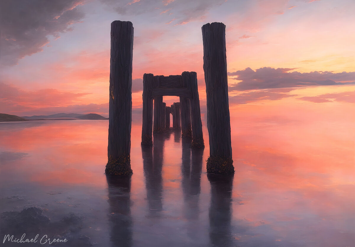 An AI interpretation of my Florida image of the Fort Myers pier at sunset. 