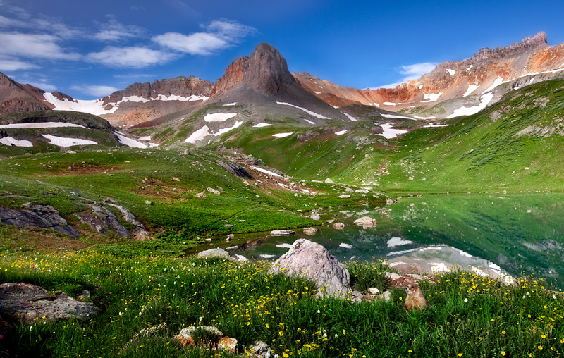 A marmot surveys the scene from his lake front home amidst wildflowers and diffused mid morning light at Ice Lake Basin.