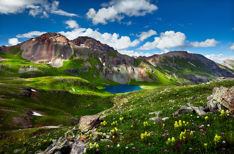 This shot is a view from down and across Ice Lake Basin as seen from a wildflower filled vantage spot in the late afternoon.