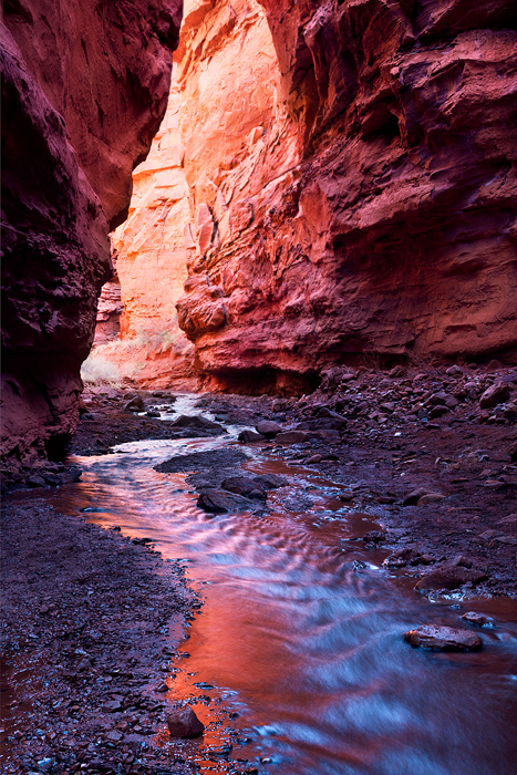 A relatively unknown slot canyon in Eastern Utah shown here in the late afternoon during peak spring run off. The rock walls...
