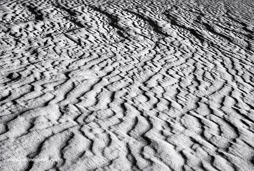 A black and white abstract&nbsp;version of freshly blown sand patterns catching late afternoon light in the middle of a gypsum...