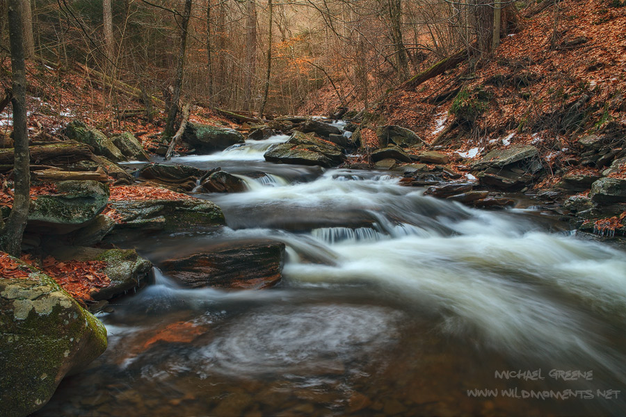 A winter view of Kitchen Creek in the late afternoon during a stormy day. You may notice a small amount of dappled sunlight in...