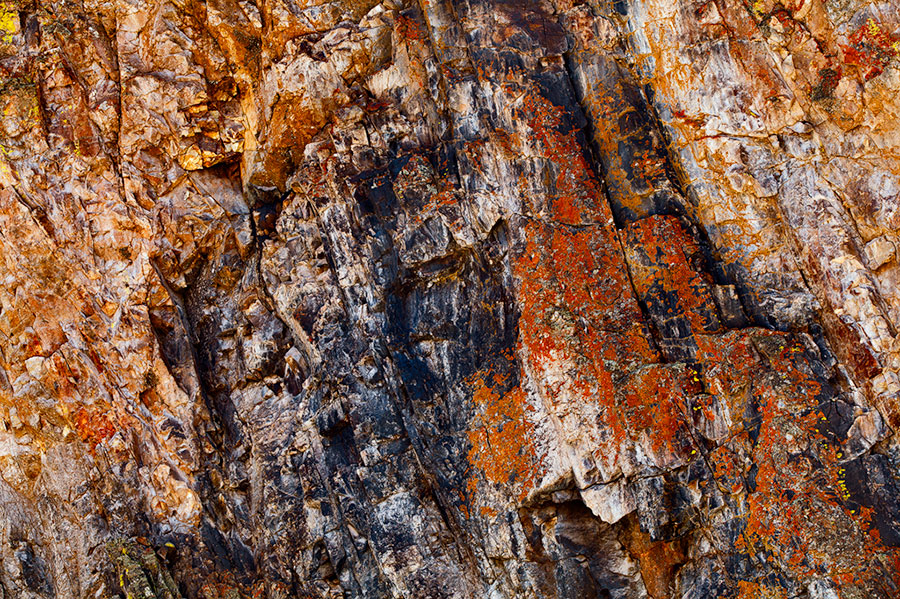 Incredible, abstract details and colorful lichen decorate the walls of the San Juan Mountains while bathed in beautiful afternoon...