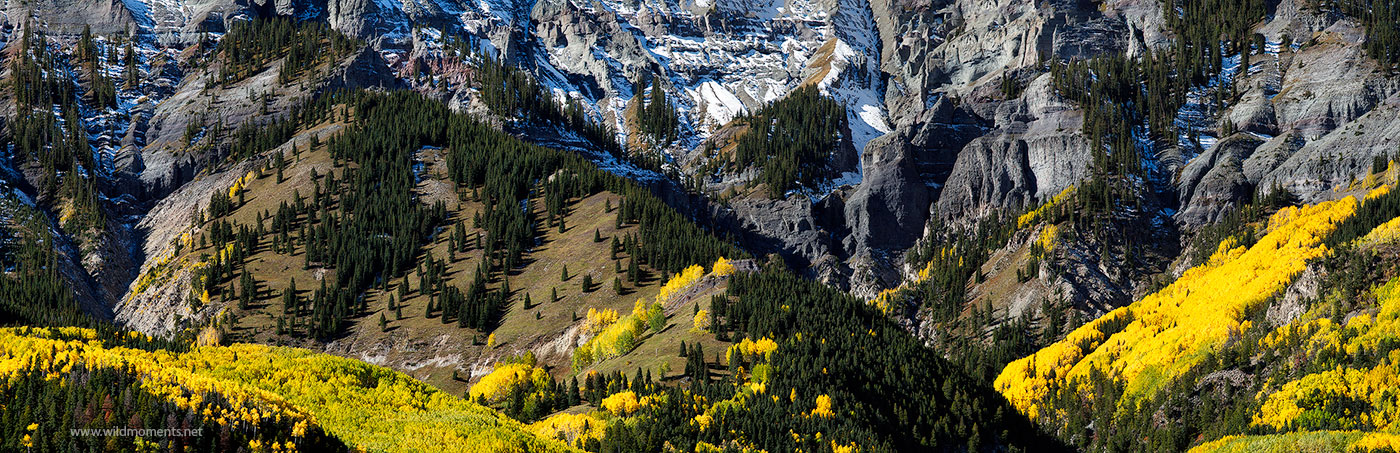A panoramic view of the uppermost reaches of the distinguished peaks outside of Ouray, CO during a beautiful autumn morning....