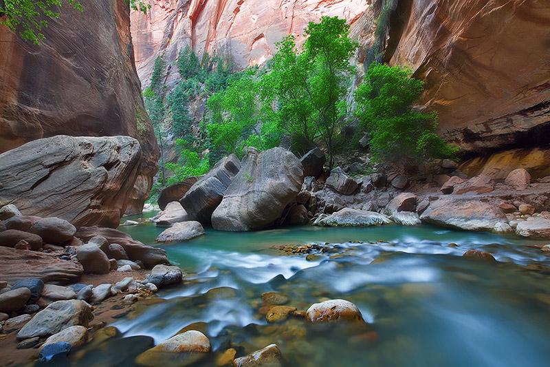 Fading light radiates the stark beauty of the magical Virgin River as it weaves through a widening canyon.